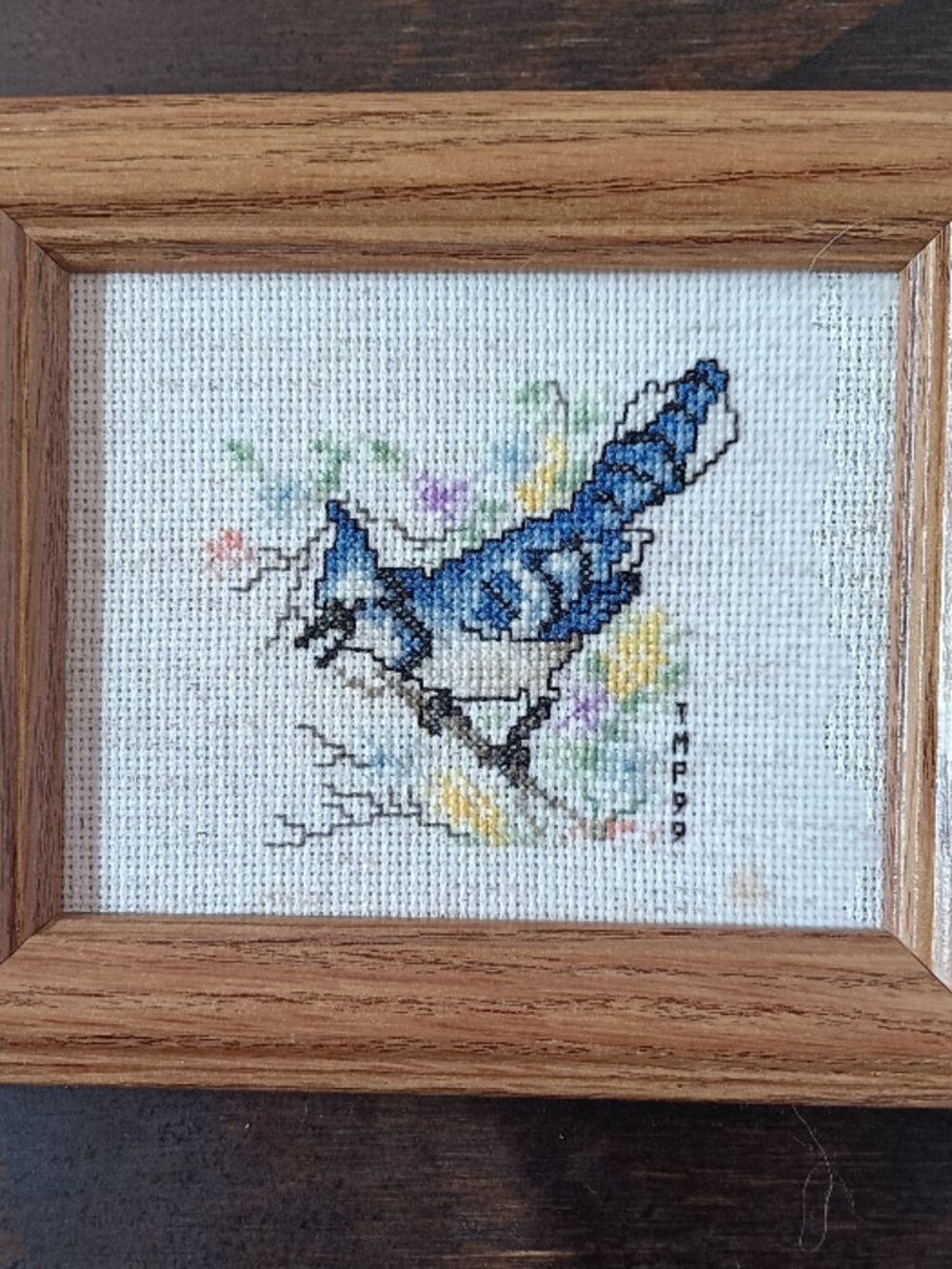 Vintage Cross Stitched Blue Jay Framed